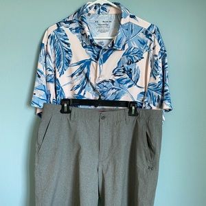 Under Armour Golf Playoff Floral Polo Shirt Mens Size XL and Gray Shorts Size 38